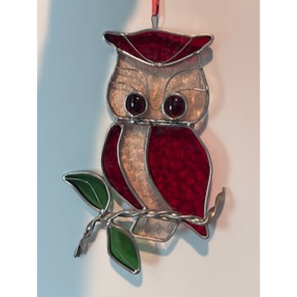 Vintage Owl Stained Glass Sun Catchers Red Silver Green 8"x5" Home Decor - Picture 5 of 8
